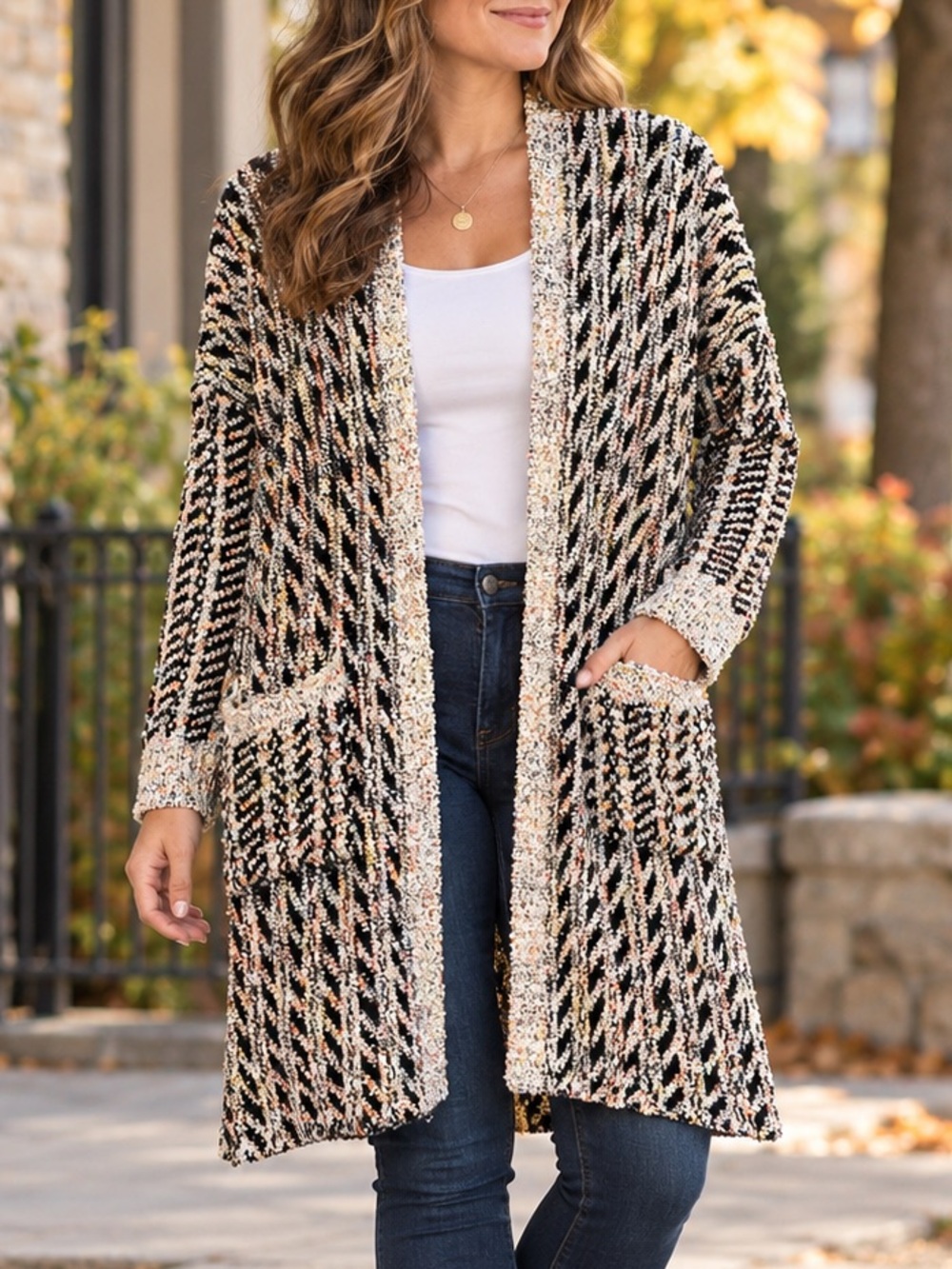 Model France Open Front Bouclé Knit Longline Cardigan Sweater Size One